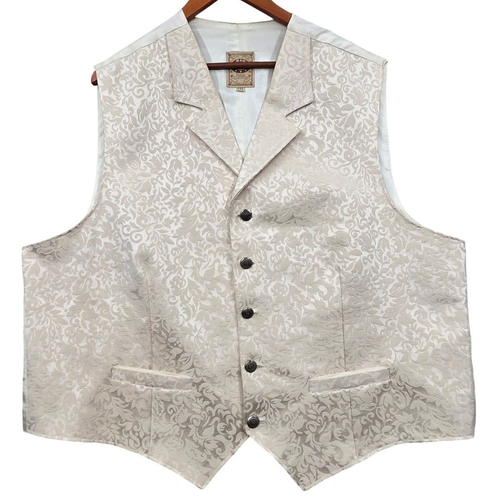 Vintage Wah Maker Western Victorian Vest Cream Floral Jacquard USA Made Mens XXL